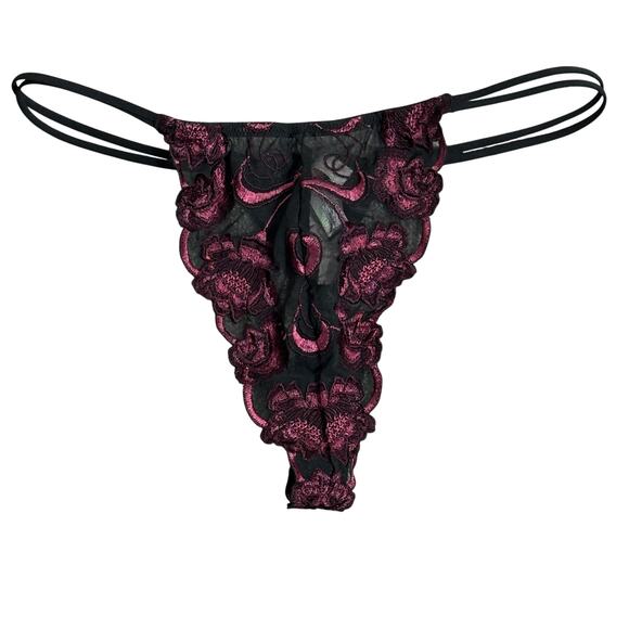 NWT Victoria’s Secret Bra Panty Set Womens 36C L Black Burgundy Floral Sheer - Picture 4 of 7
